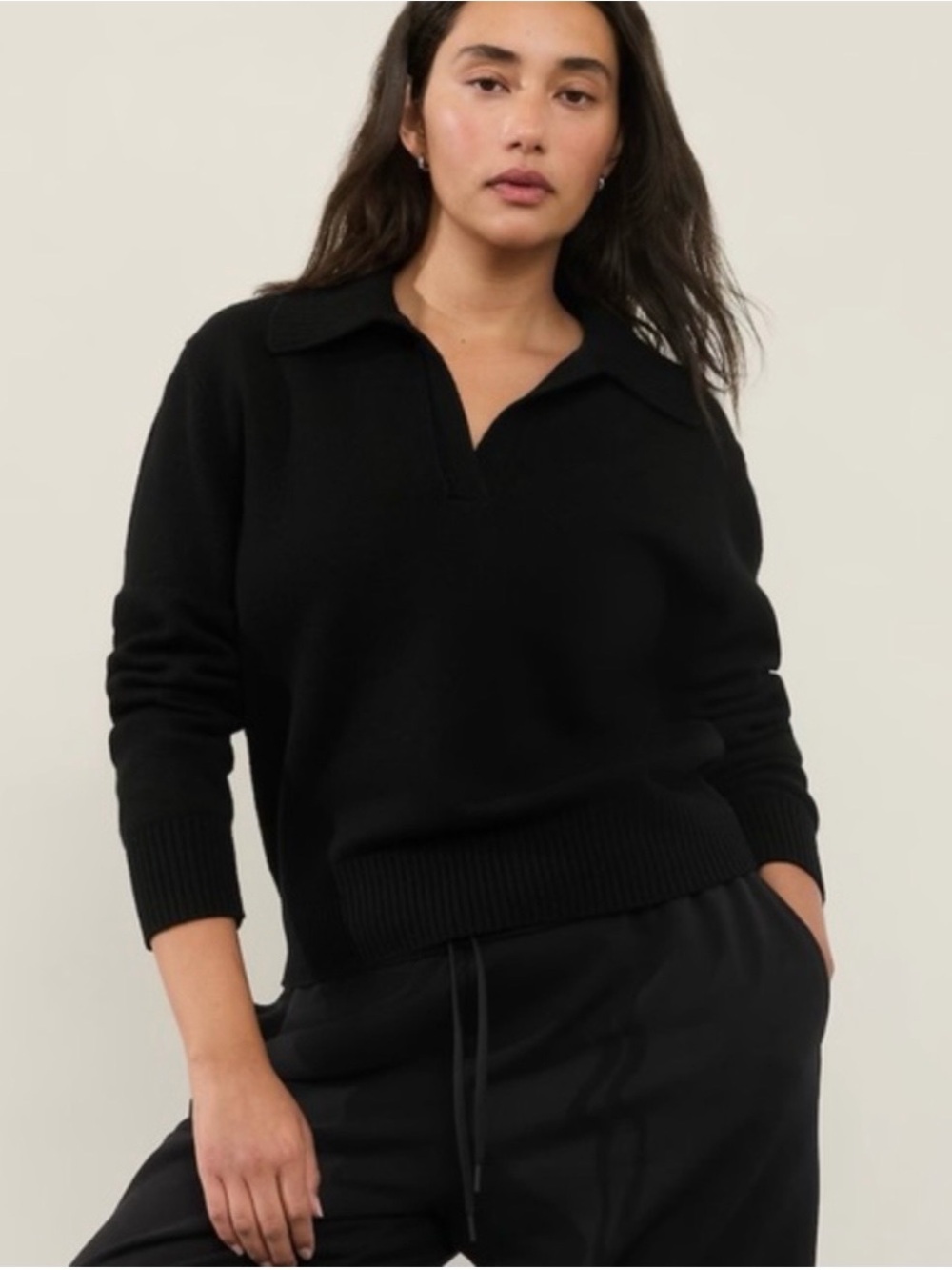Athleta Black Collared V‑Neck Knit Sweater